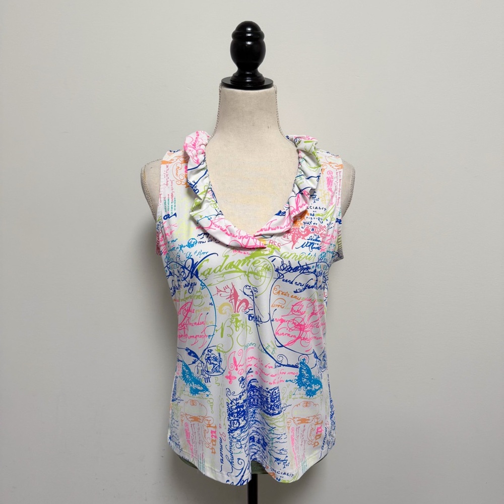 Lulu B White Post Cards Of Love French Script Ruffle Neckline Sleeveless Top S